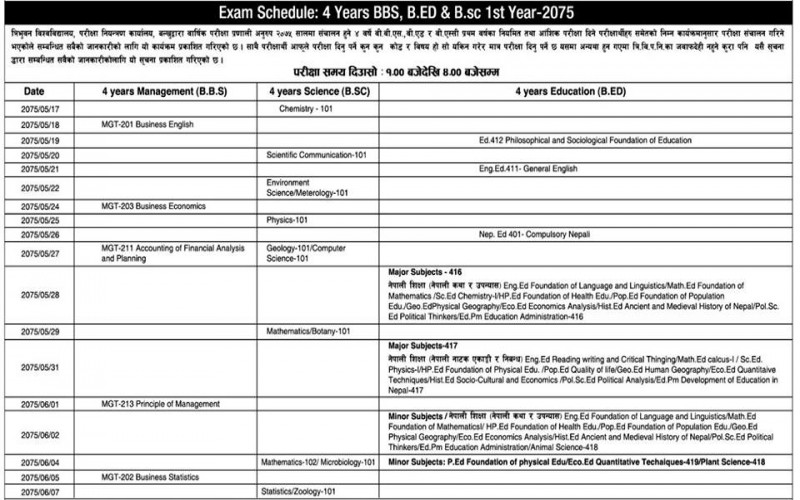 4Yrs Bachelors Level First Year Exam Schedule